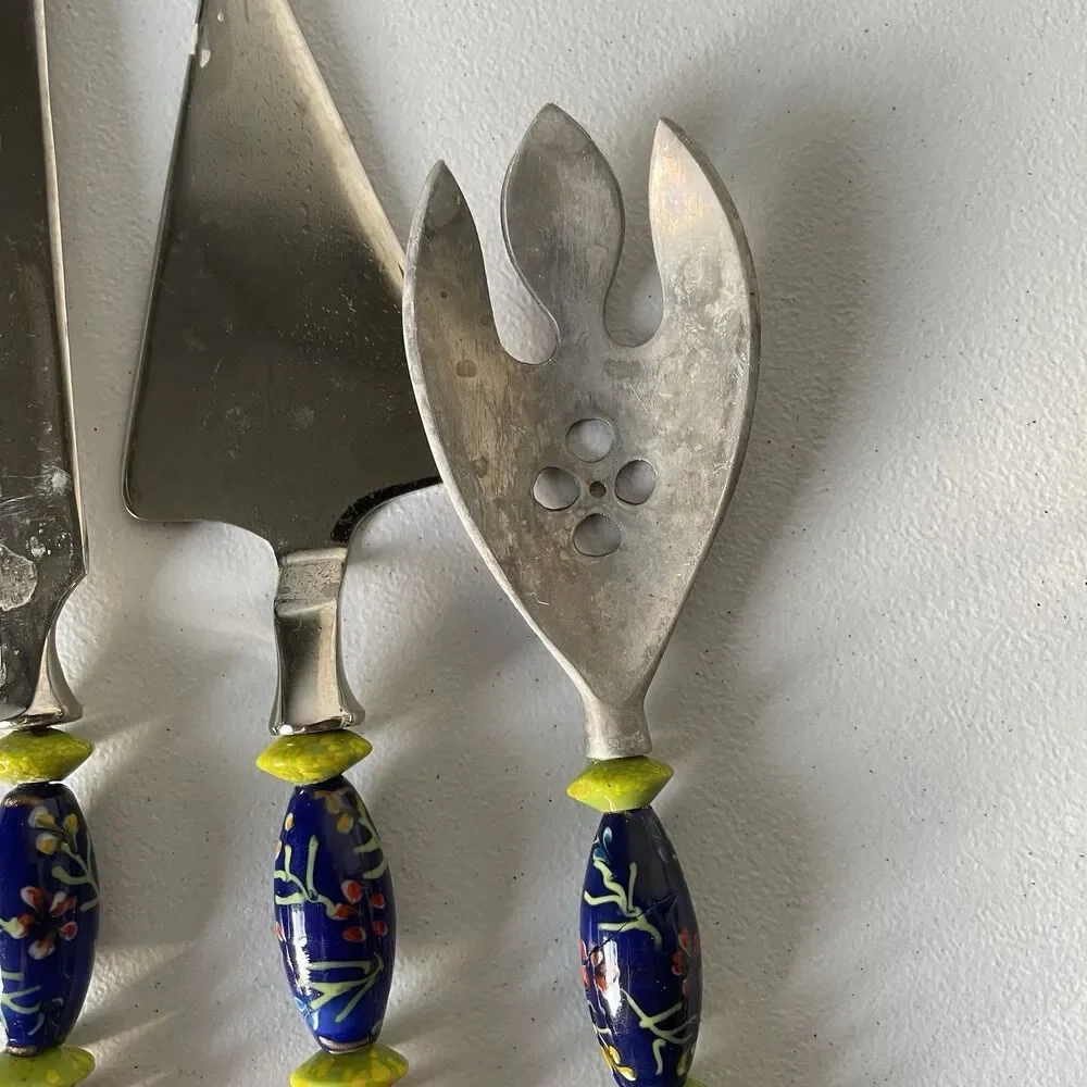 Kitchen Utensils Spoon Pie Server Knife Ceramic Pottery Handle Steel Set of 3